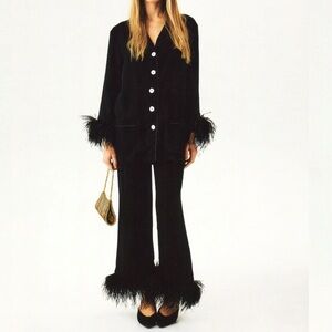 Sleeper Black Wide-Leg Feather-Trim Pants